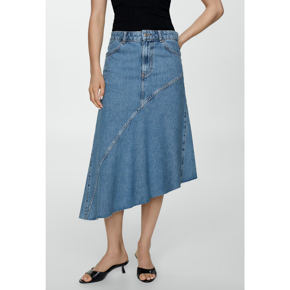 NEW MANGO MNG MEDIUM BLUE ASYMMETRICAL MIDI DENIM JEAN SKIRT SZ XS